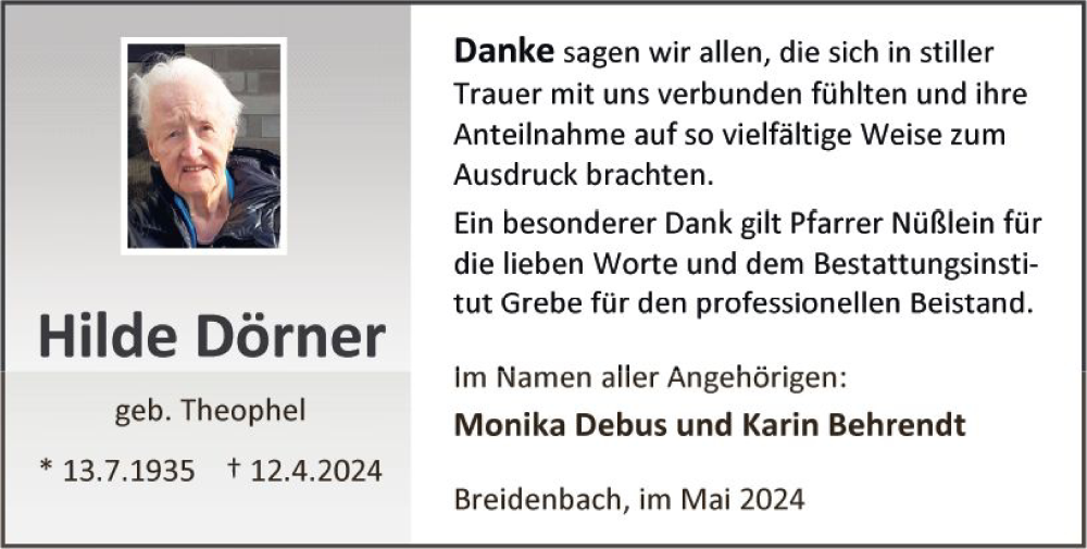  Traueranzeige für Hilde Dörner vom 25.05.2024 aus Hinterländer Anzeiger