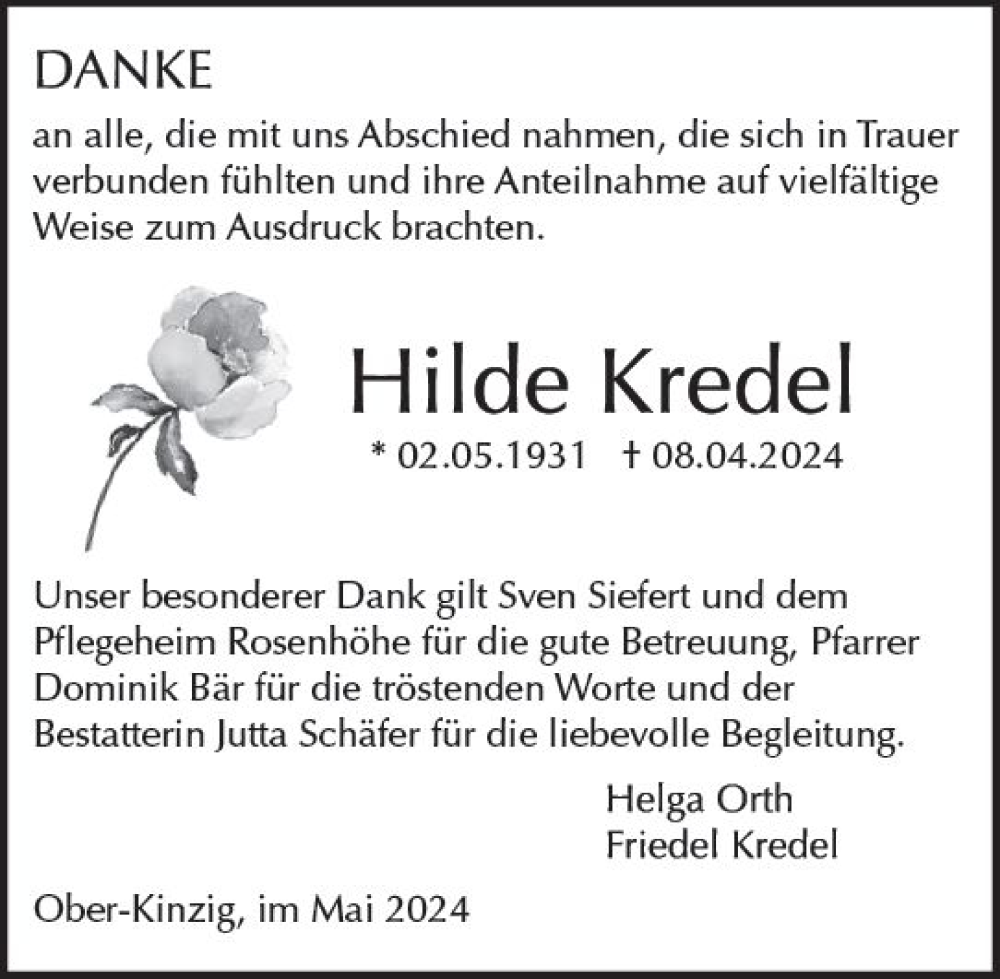  Traueranzeige für Hilde Kredel vom 18.05.2024 aus Odenwälder Echo