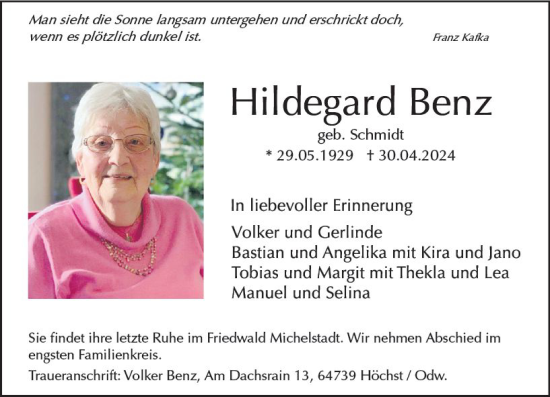 Traueranzeige von Hildegard Benz von Darmstädter Echo