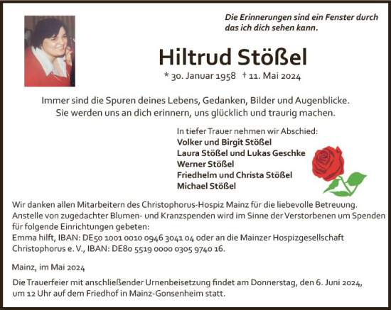 Traueranzeige von Hiltrud Stößel von Allgemeine Zeitung Mainz