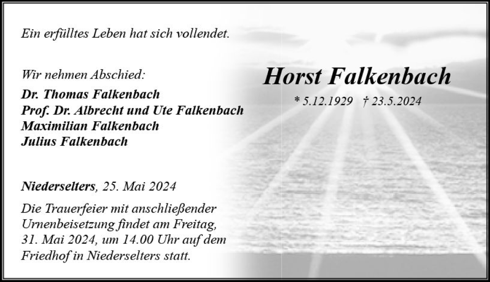  Traueranzeige für Horst Falkenbach vom 25.05.2024 aus Nassauische Neue Presse
