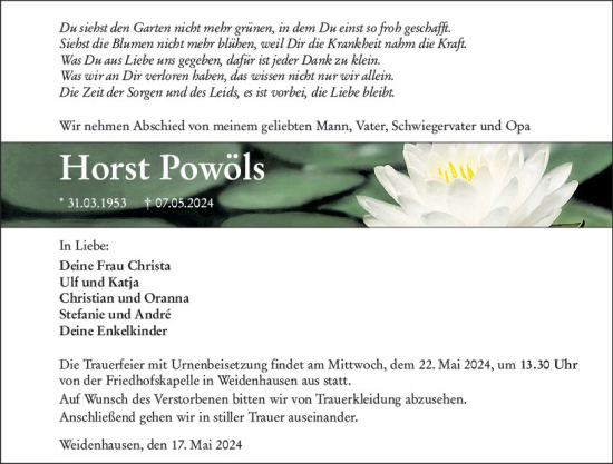 Traueranzeige von Horst Powöls von Hinterländer Anzeiger