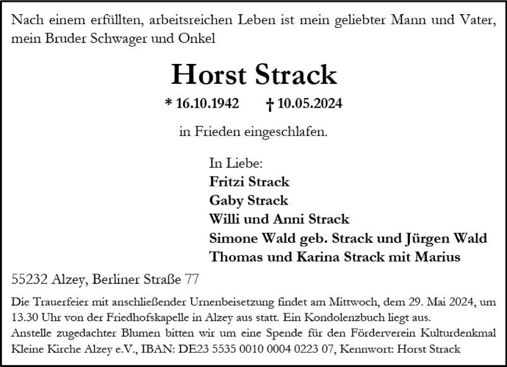  Traueranzeige für Horst Strack vom 18.05.2024 aus Allgemeine Zeitung Alzey