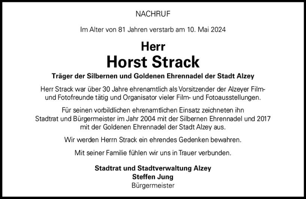  Traueranzeige für Horst Strack vom 18.05.2024 aus Allgemeine Zeitung Alzey