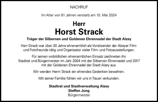 Traueranzeige von Horst Strack von Allgemeine Zeitung Alzey