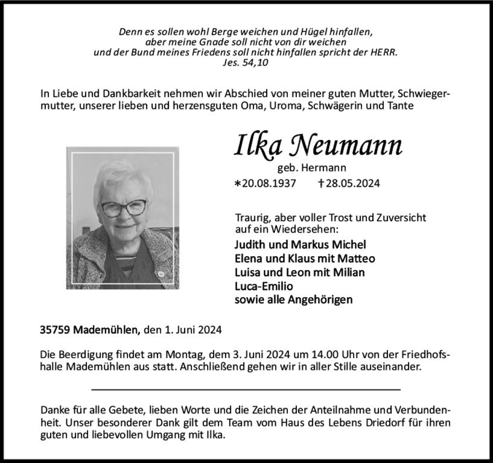  Traueranzeige für Ilka Neumann vom 01.06.2024 aus Dill Block
