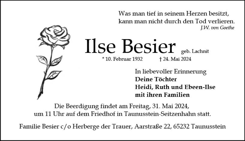  Traueranzeige für Ilse Besier vom 28.05.2024 aus Wiesbadener Kurier
