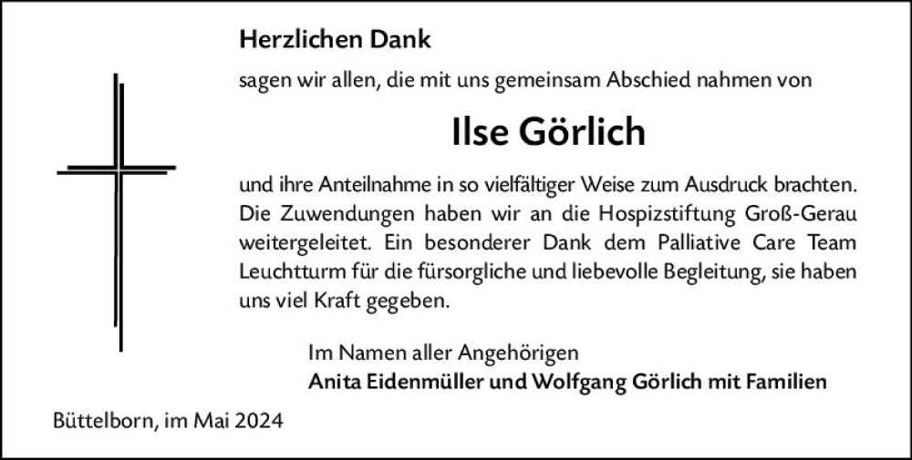  Traueranzeige für Ilse Görlich vom 04.05.2024 aus Groß-Gerauer Echo