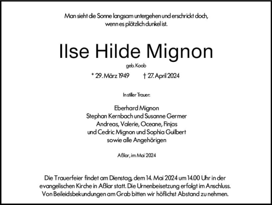 Traueranzeige von Ilse Hilde Mignon von Wetzlarer Neue Zeitung