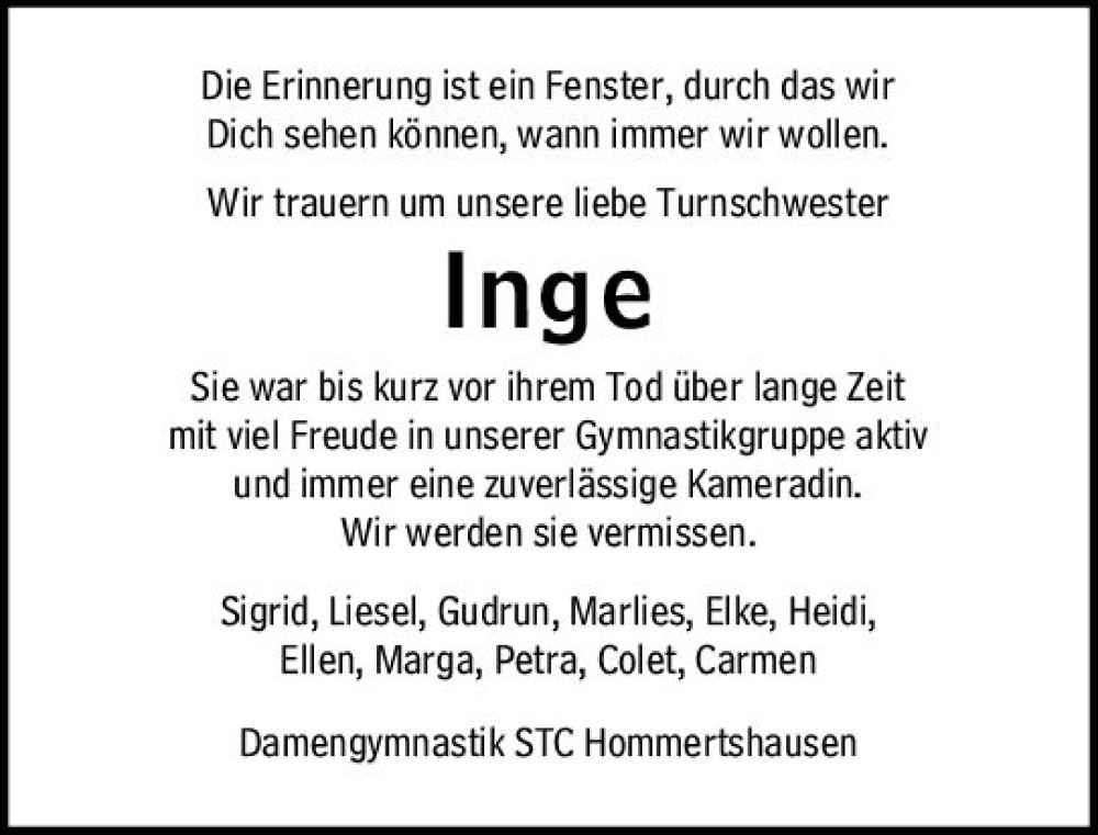  Traueranzeige für Inge  vom 21.05.2024 aus Hinterländer Anzeiger