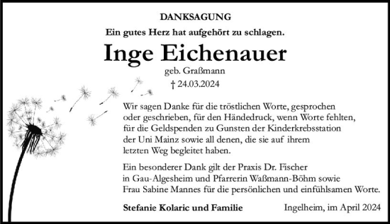 Traueranzeige von Inge Eichenauer von Allgemeine Zeitung Bingen/Ingelheim