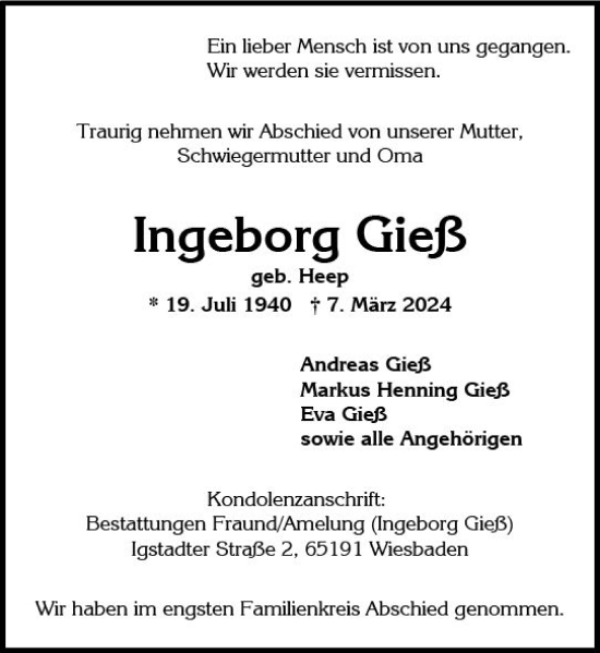 Traueranzeige von Ingeborg Gieß von Wiesbadener Kurier