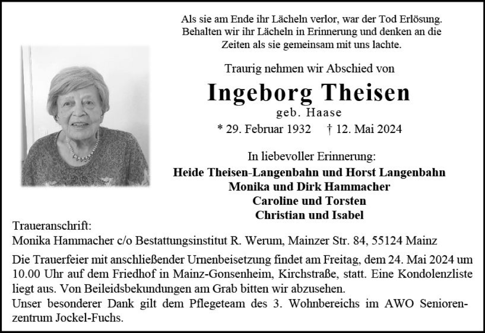  Traueranzeige für Ingeborg Theisen vom 18.05.2024 aus Allgemeine Zeitung Mainz