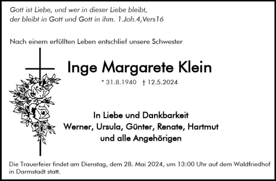 Traueranzeige von Inge Margarete Klein von Darmstädter Echo