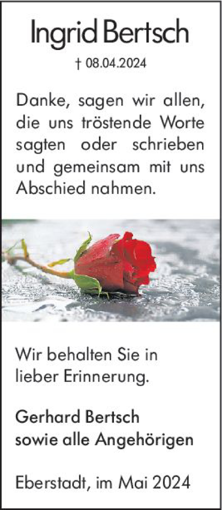  Traueranzeige für Ingrid Bertsch vom 04.05.2024 aus Darmstädter Echo