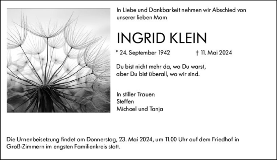 Traueranzeige von Ingrid Klein von Dieburger Anzeiger/Groß-Zimmerner Lokal-Anzeiger