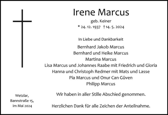 Traueranzeige von Irene Marcus von Wetzlarer Neue Zeitung
