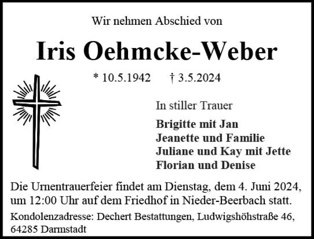  Traueranzeige für Iris Oehmcke-Weber vom 25.05.2024 aus Darmstädter Echo
