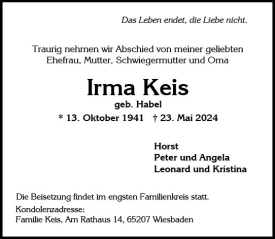 Traueranzeige von Irma Keis von Wiesbadener Kurier