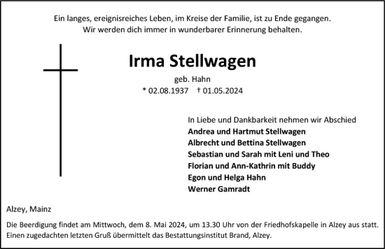 Traueranzeige von Irma Stellwagen von Allgemeine Zeitung Alzey