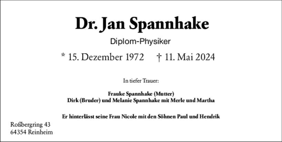 Traueranzeige von Jan Spannhake von Darmstädter Echo