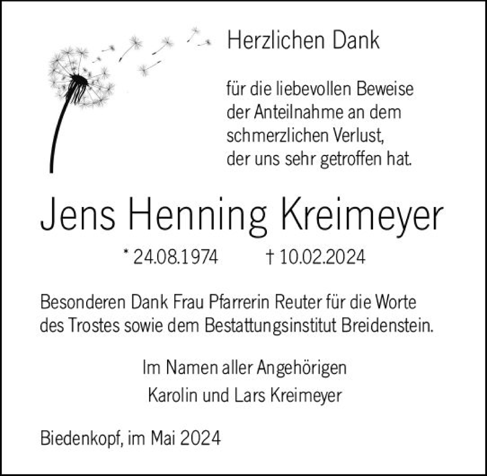  Traueranzeige für Jens Henning Kreimeyer vom 18.05.2024 aus Hinterländer Anzeiger