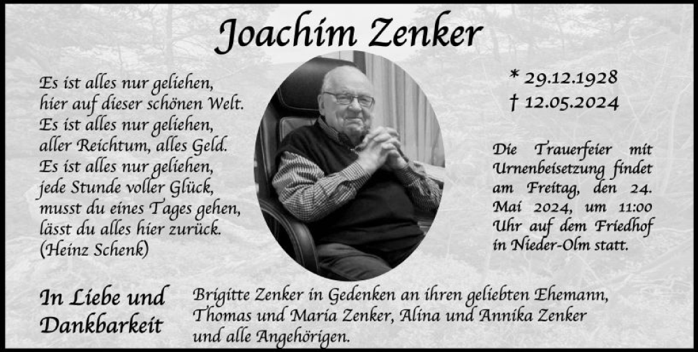  Traueranzeige für Joachim Zenker vom 21.05.2024 aus Wiesbadener Kurier