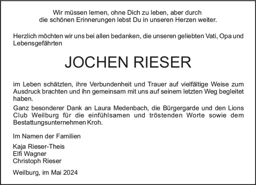  Traueranzeige für Jochen Rieser vom 01.06.2024 aus Weilburger Tageblatt