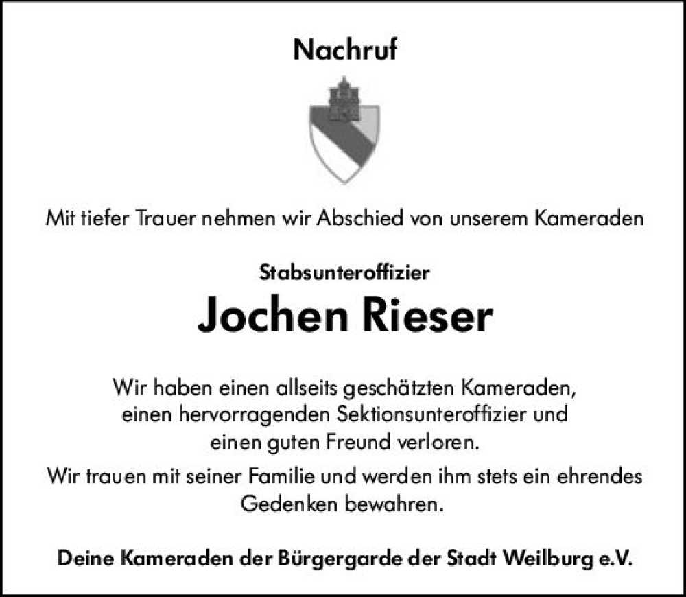  Traueranzeige für Jochen Rieser vom 24.05.2024 aus Weilburger Tageblatt