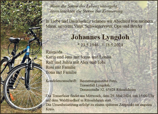 Traueranzeige von Johannes Lyngdoh von Rüsselsheimer Echo