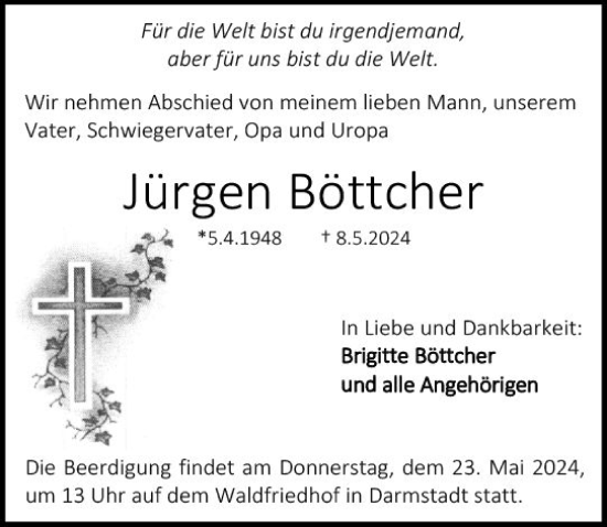 Traueranzeige von Jürgen Böttcher von Darmstädter Echo