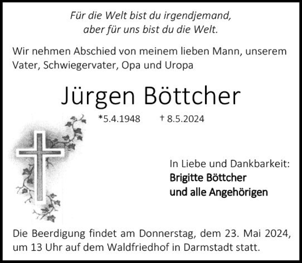  Traueranzeige für Jürgen Böttcher vom 18.05.2024 aus Darmstädter Echo