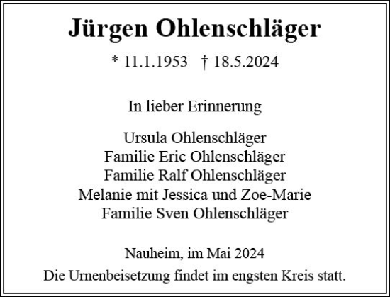 Traueranzeige von Jürgen Ohlenschläge von Rüsselsheimer Echo