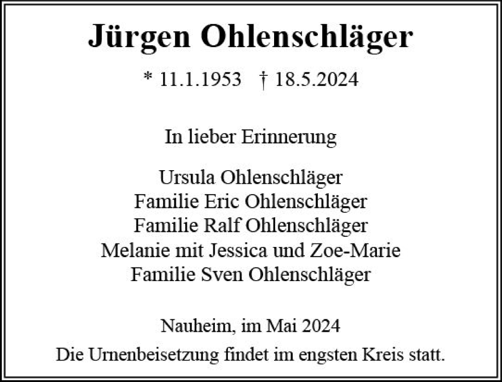  Traueranzeige für Jürgen Ohlenschläge vom 25.05.2024 aus Rüsselsheimer Echo