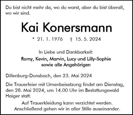 Traueranzeige von Kai Konersmann von Dill Block