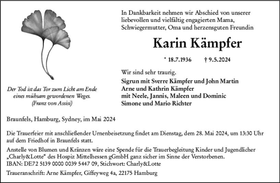 Traueranzeige von Karin Kämpfer von Wetzlarer Neue Zeitung