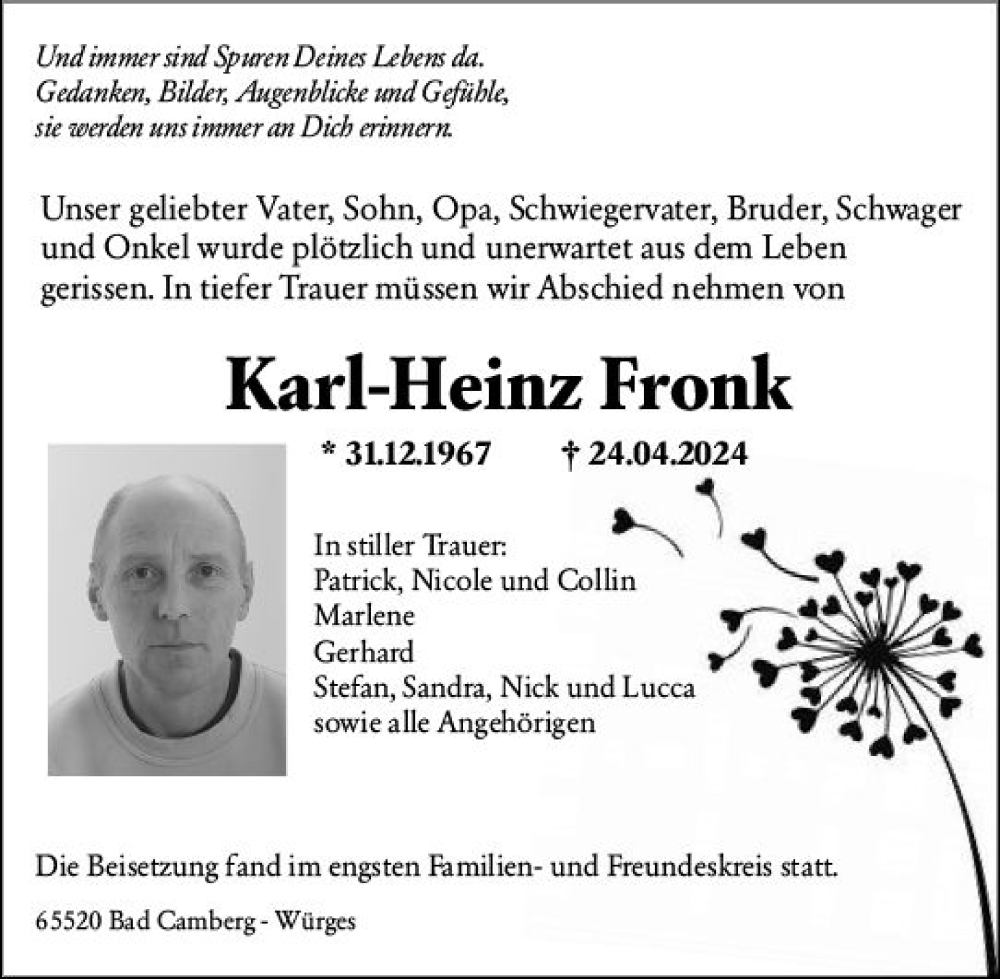  Traueranzeige für Karl-Heinz Fronk vom 10.05.2024 aus Camberger Anzeiger