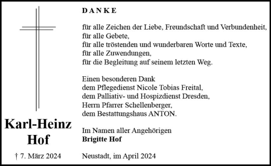 Traueranzeige von Karl-Heinz Hof von Hinterländer Anzeiger