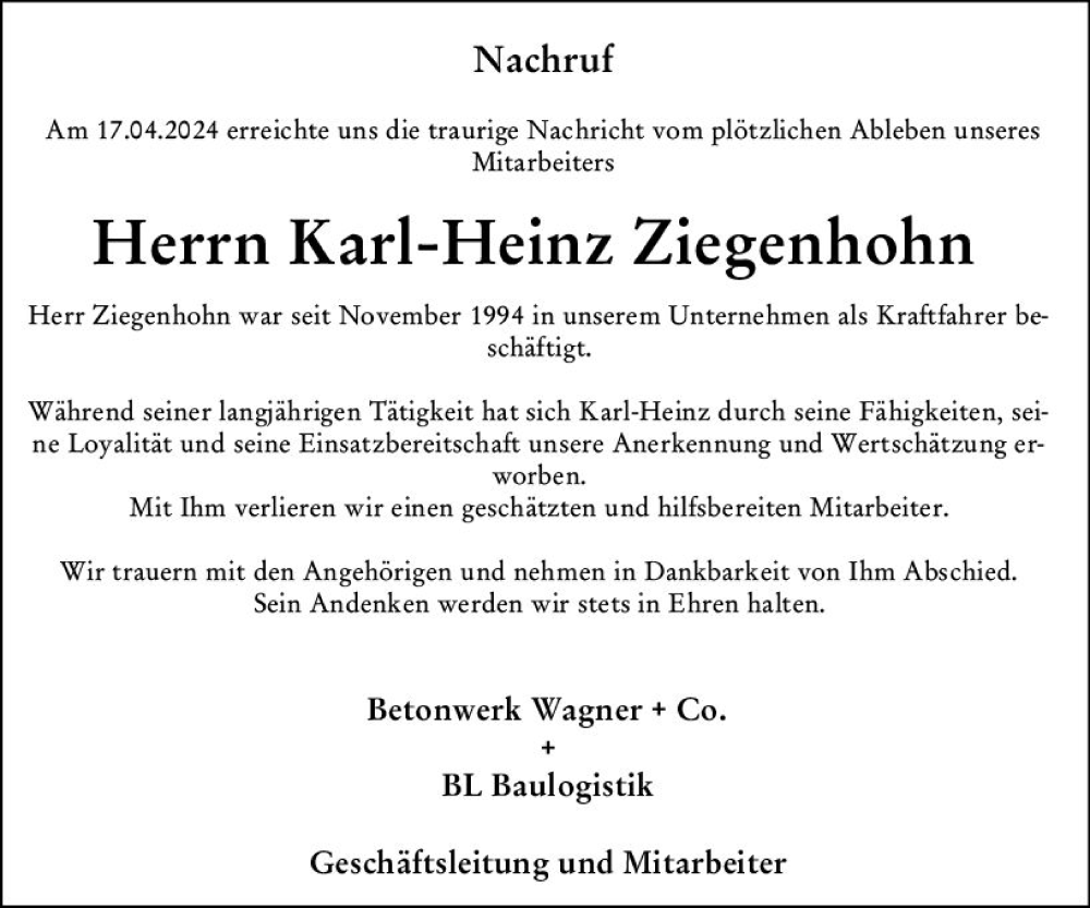  Traueranzeige für Karl-Heinz Ziegenhohn vom 02.05.2024 aus Hinterländer Anzeiger