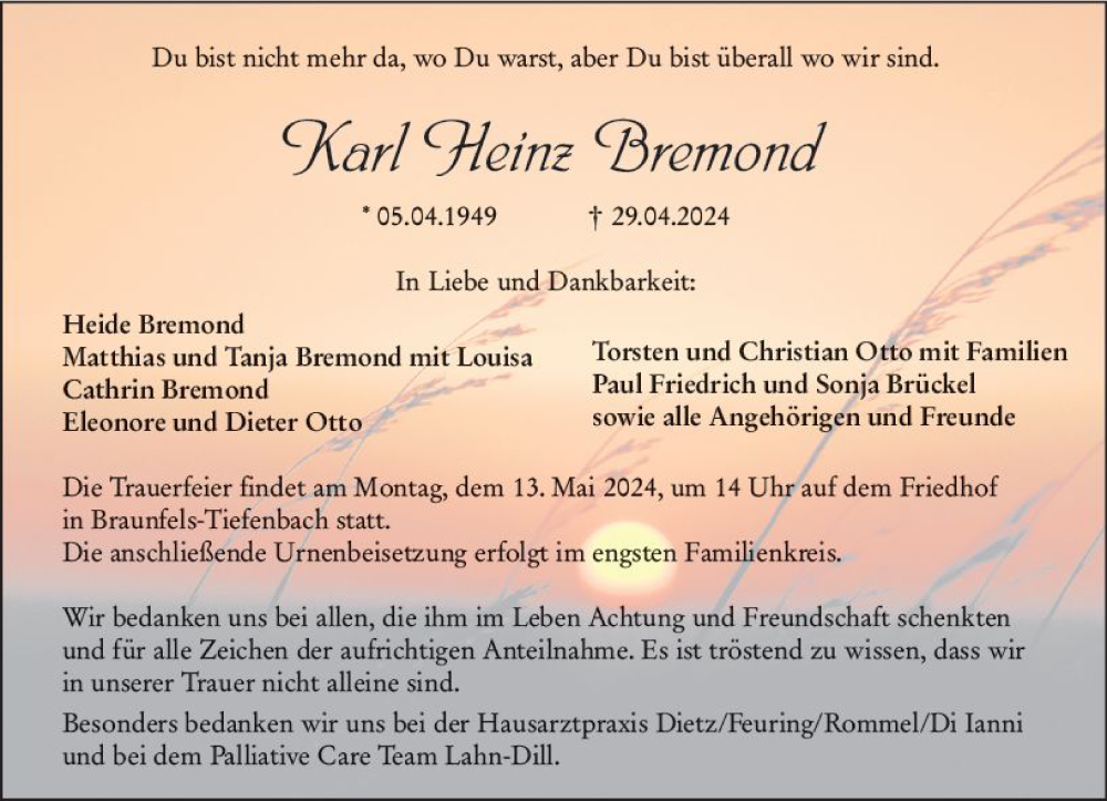 Traueranzeige für Karl Heinz Bremond vom 04.05.2024 aus Wetzlarer Neue Zeitung
