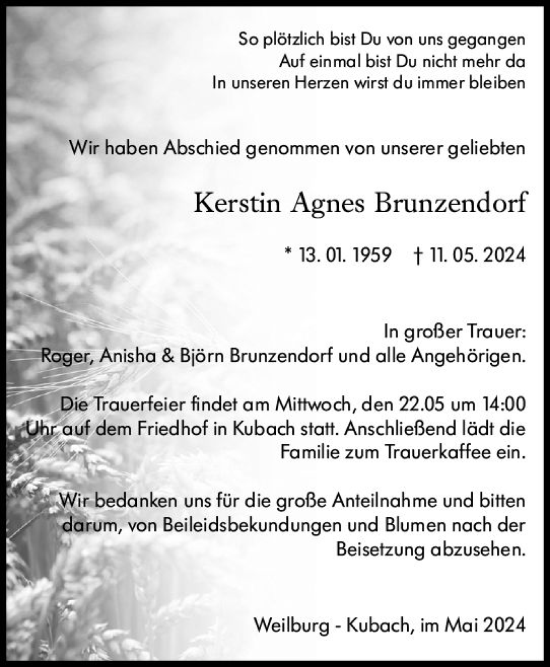 Traueranzeige von Kerstin Agnes Brunzendorf von Weilburger Tageblatt