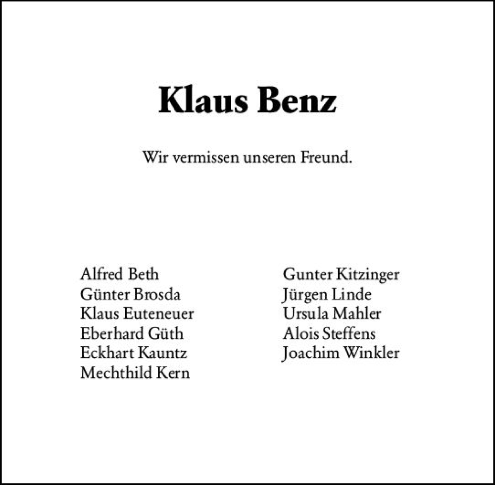  Traueranzeige für Klaus Benz vom 01.06.2024 aus Allgemeine Zeitung Mainz