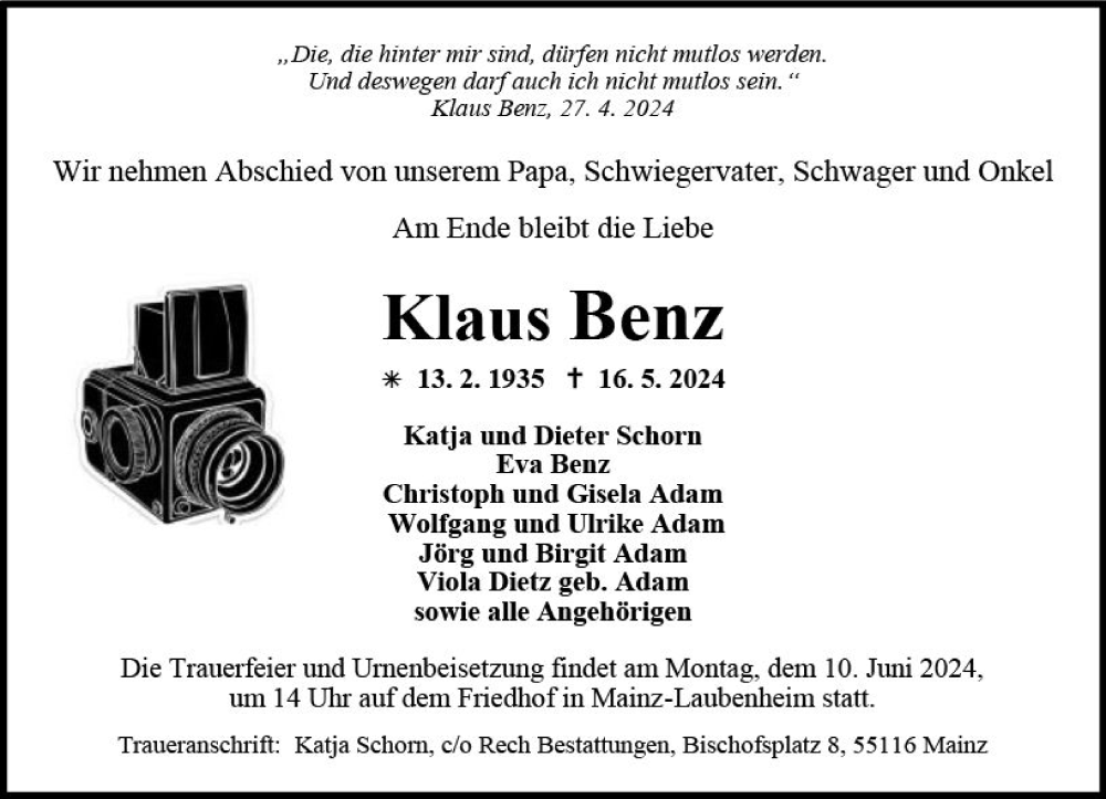  Traueranzeige für Klaus Benz vom 01.06.2024 aus Allgemeine Zeitung Mainz