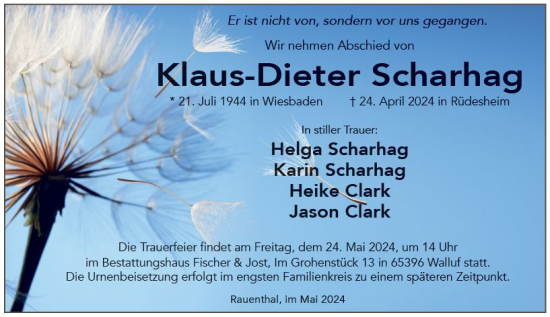 Traueranzeige von Klaus-Dieter Scharhag von Wiesbadener Kurier