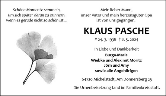 Traueranzeige von Klaus Pasche von Odenwälder Echo