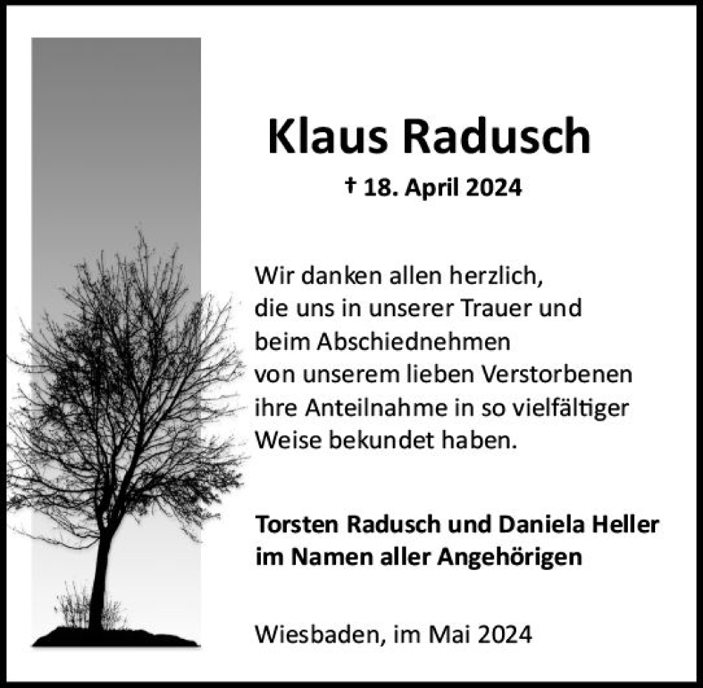 Traueranzeige für Klaus Radusch vom 25.05.2024 aus Wiesbadener Kurier