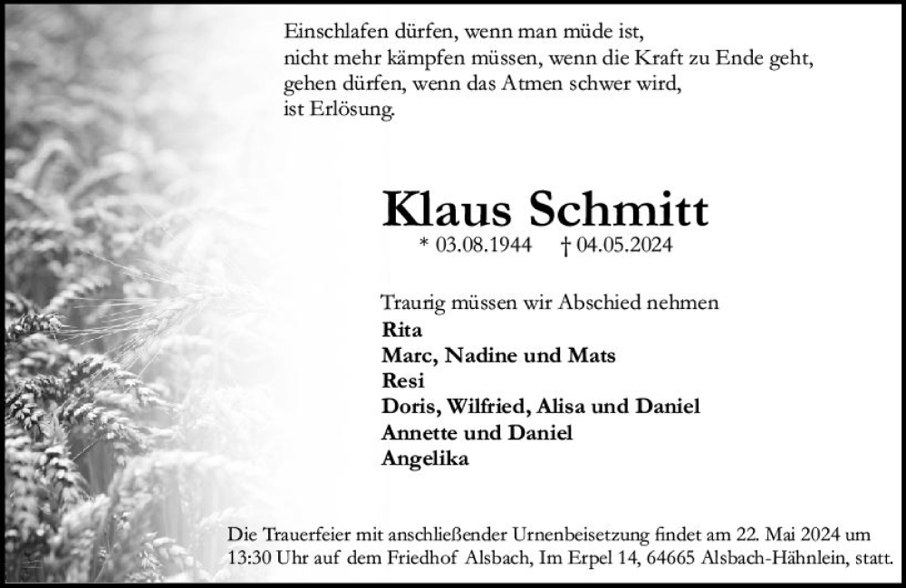  Traueranzeige für Klaus Schmitt vom 11.05.2024 aus Darmstädter Echo