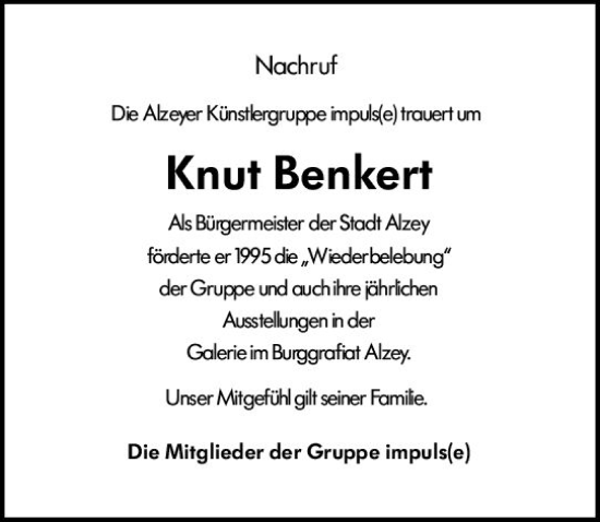 Traueranzeige von Knut Benkert von Allgemeine Zeitung Alzey