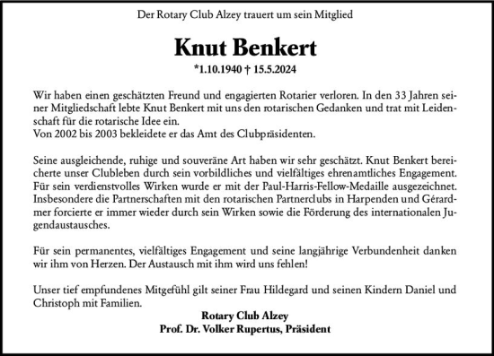 Traueranzeige von Knut Benkert von Allgemeine Zeitung Alzey