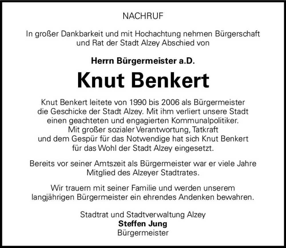 Traueranzeige für Knut Benkert vom 18.05.2024 aus Allgemeine Zeitung Alzey